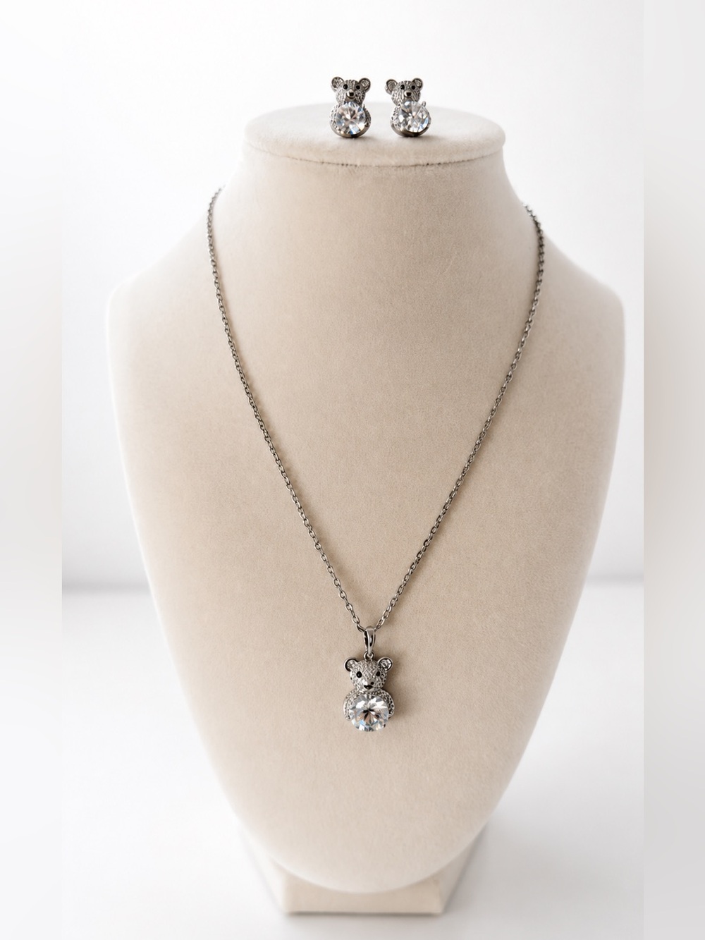 Silver 14k Plated Crystal Teddy Bear Necklace and Earring Set